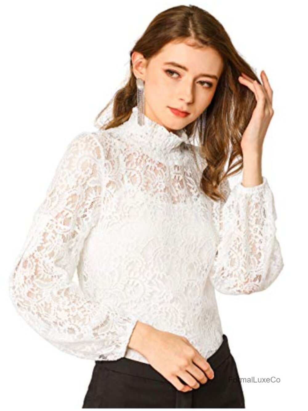 Floral Lace Sheer Turtleneck Puff Long Sleeve Blouse Semi-Sheer Tops